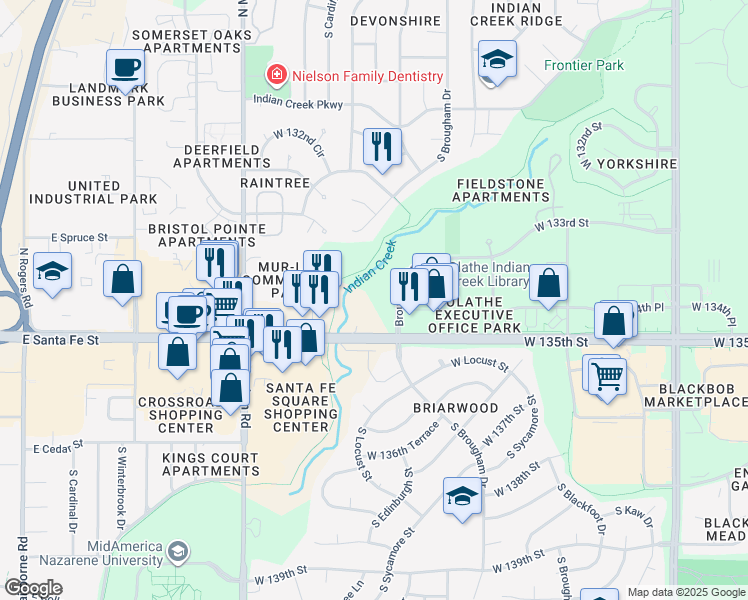 map of restaurants, bars, coffee shops, grocery stores, and more near 16250 West 135th Street in Olathe