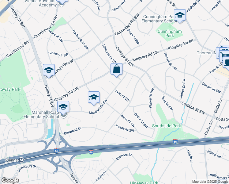 map of restaurants, bars, coffee shops, grocery stores, and more near 975 Lynn Street Southwest in Vienna