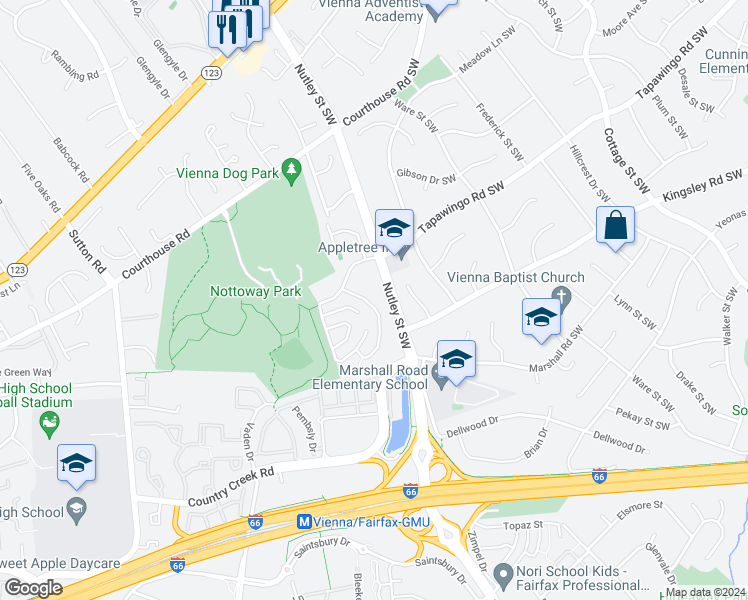 map of restaurants, bars, coffee shops, grocery stores, and more near 924 Moorefield Creek Road Southwest in Vienna