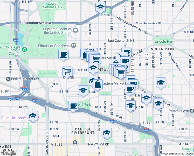 map of restaurants, bars, coffee shops, grocery stores, and more near 309 4th Street Southeast in Washington