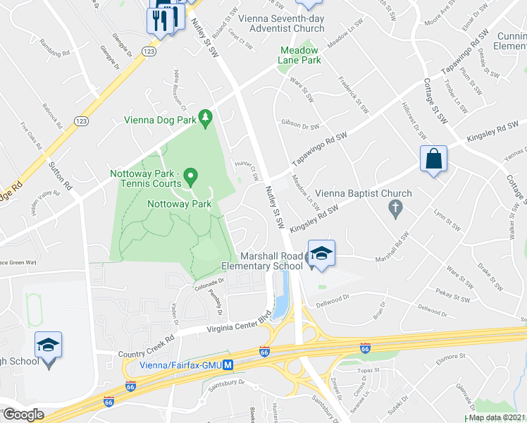 map of restaurants, bars, coffee shops, grocery stores, and more near 924 Moorefield Creek Road Southwest in Vienna
