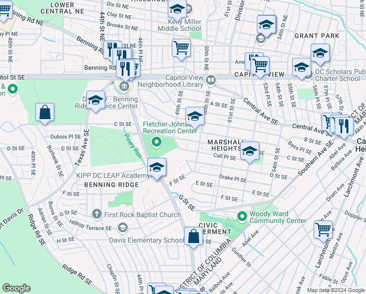 map of restaurants, bars, coffee shops, grocery stores, and more near 4920 Call Place Southeast in Washington