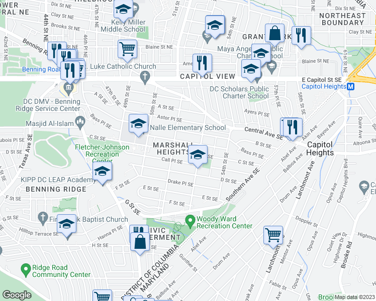 map of restaurants, bars, coffee shops, grocery stores, and more near 5200 C Street Southeast in Washington