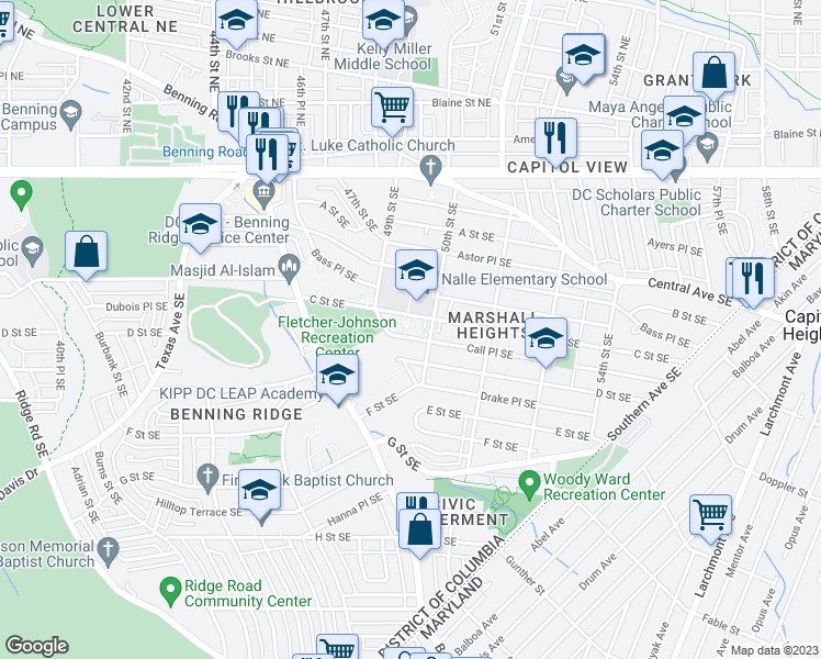 map of restaurants, bars, coffee shops, grocery stores, and more near 4950 Call Place Southeast in Washington