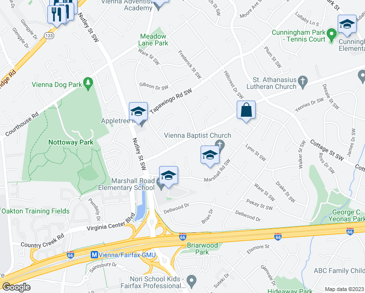 map of restaurants, bars, coffee shops, grocery stores, and more near 610 Kingsley Road Southwest in Vienna