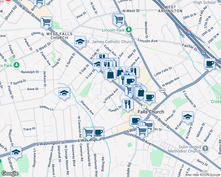 map of restaurants, bars, coffee shops, grocery stores, and more near 132 South Virginia Avenue in Falls Church
