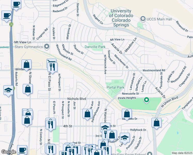 map of restaurants, bars, coffee shops, grocery stores, and more near 3760 Scott Lane in Colorado Springs
