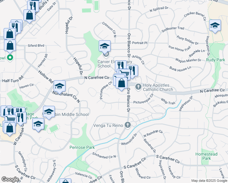 map of restaurants, bars, coffee shops, grocery stores, and more near 3630 Jubilant Place in Colorado Springs