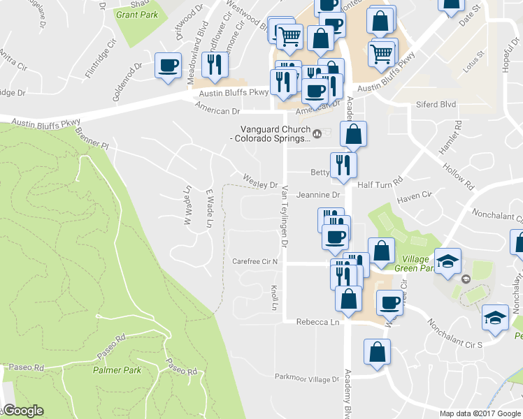map of restaurants, bars, coffee shops, grocery stores, and more near 3434 Queen Anne Way in Colorado Springs
