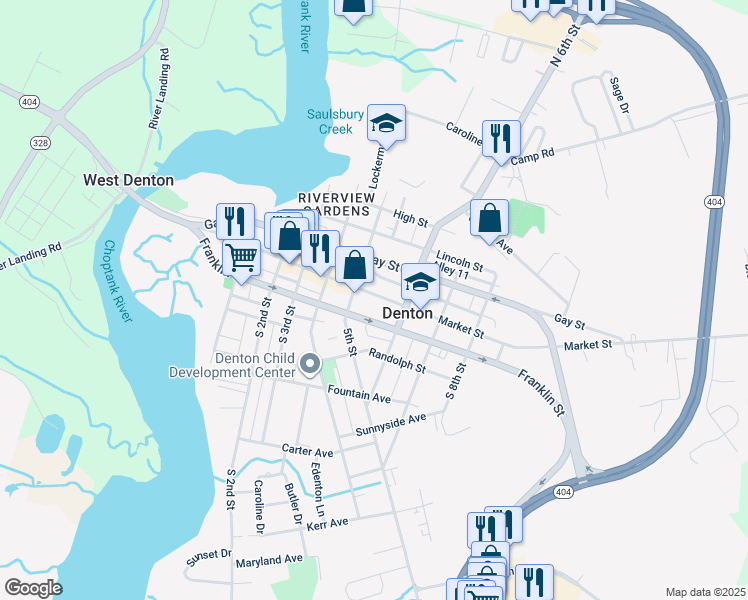 map of restaurants, bars, coffee shops, grocery stores, and more near 517 Franklin Street in Denton