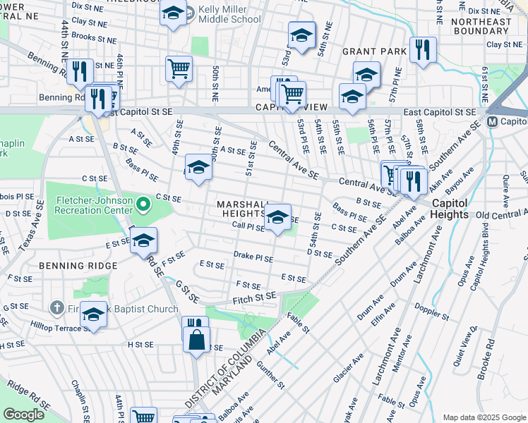 map of restaurants, bars, coffee shops, grocery stores, and more near 5200 C Street Southeast in Washington