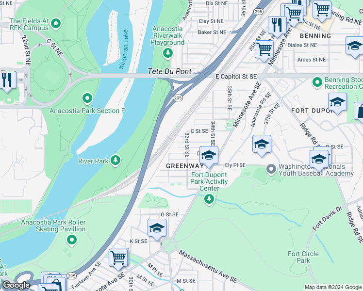 map of restaurants, bars, coffee shops, grocery stores, and more near 3216 D Street Southeast in Washington