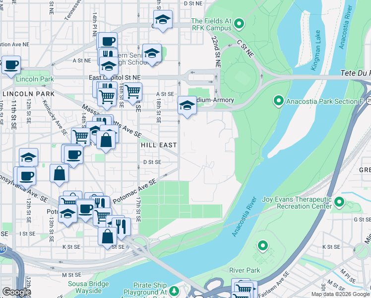 map of restaurants, bars, coffee shops, grocery stores, and more near 101 Independence Avenue Southeast in Washington
