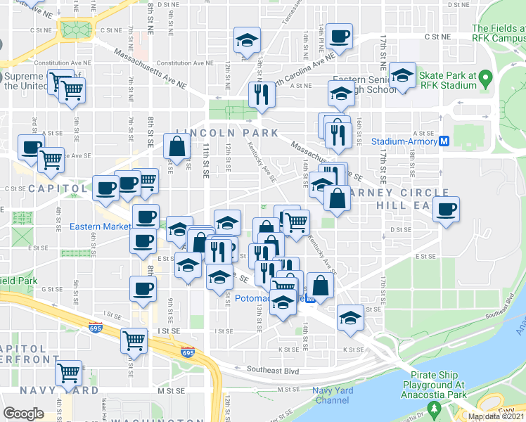 map of restaurants, bars, coffee shops, grocery stores, and more near 101 Independence Avenue Southeast in Washington