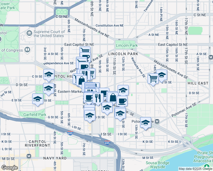map of restaurants, bars, coffee shops, grocery stores, and more near 101 Independence Avenue Southeast in Washington