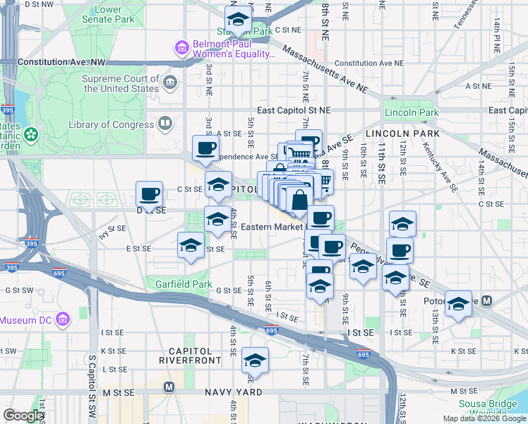 map of restaurants, bars, coffee shops, grocery stores, and more near 101 Independence Avenue Southeast in Washington