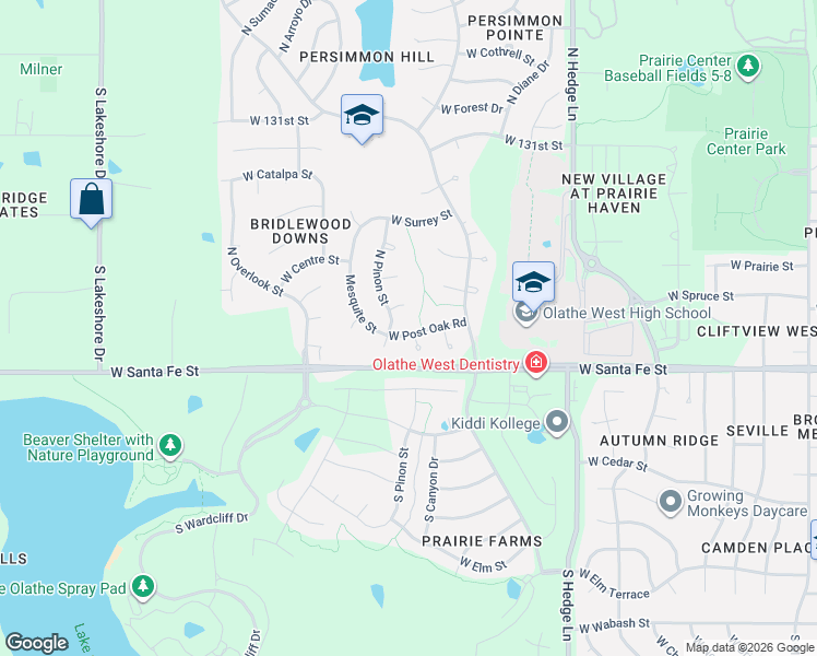map of restaurants, bars, coffee shops, grocery stores, and more near 2429 West Post Oak Road in Olathe