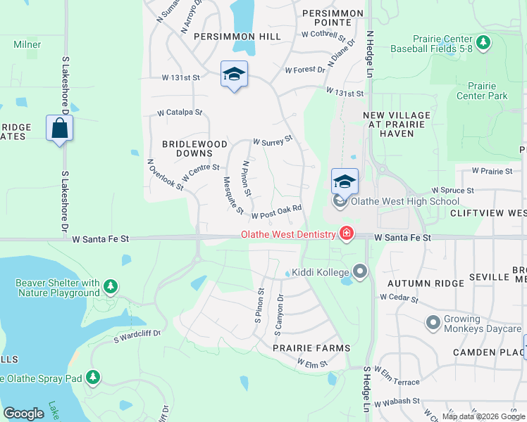 map of restaurants, bars, coffee shops, grocery stores, and more near 2429 West Post Oak Road in Olathe