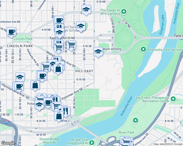map of restaurants, bars, coffee shops, grocery stores, and more near 101 Independence Avenue Southeast in Washington