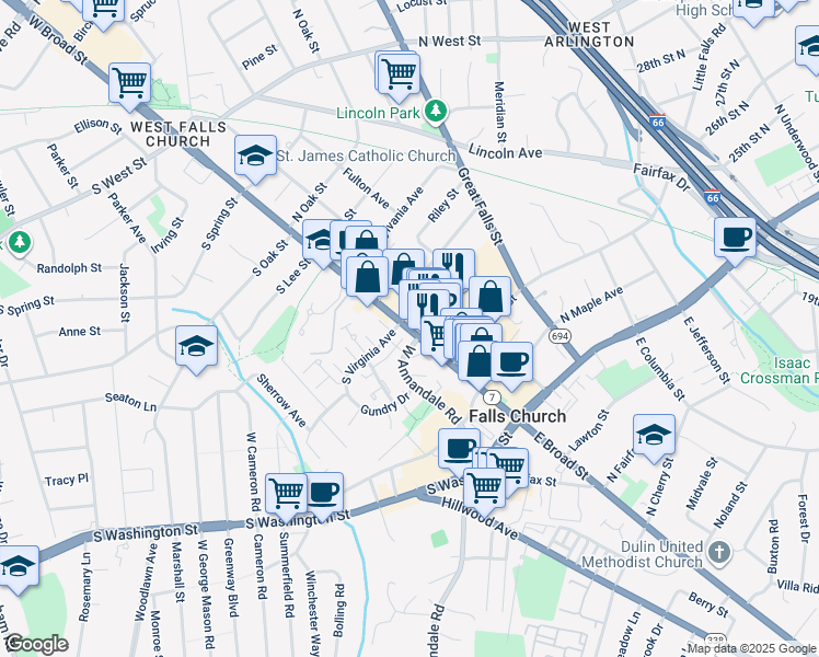 map of restaurants, bars, coffee shops, grocery stores, and more near Leesburg Pike in Falls Church