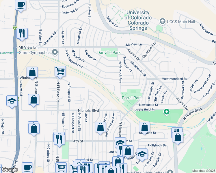 map of restaurants, bars, coffee shops, grocery stores, and more near 3716 Scott Lane in Colorado Springs