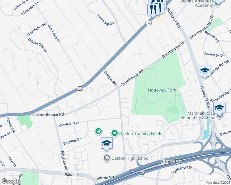 map of restaurants, bars, coffee shops, grocery stores, and more near 9701 Courthouse Road in Vienna