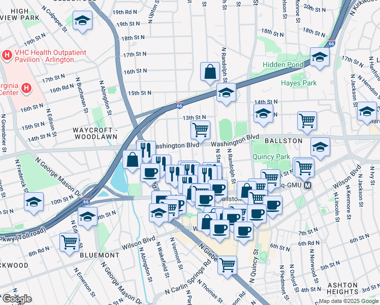 map of restaurants, bars, coffee shops, grocery stores, and more near 1128 North Taylor Street in Arlington