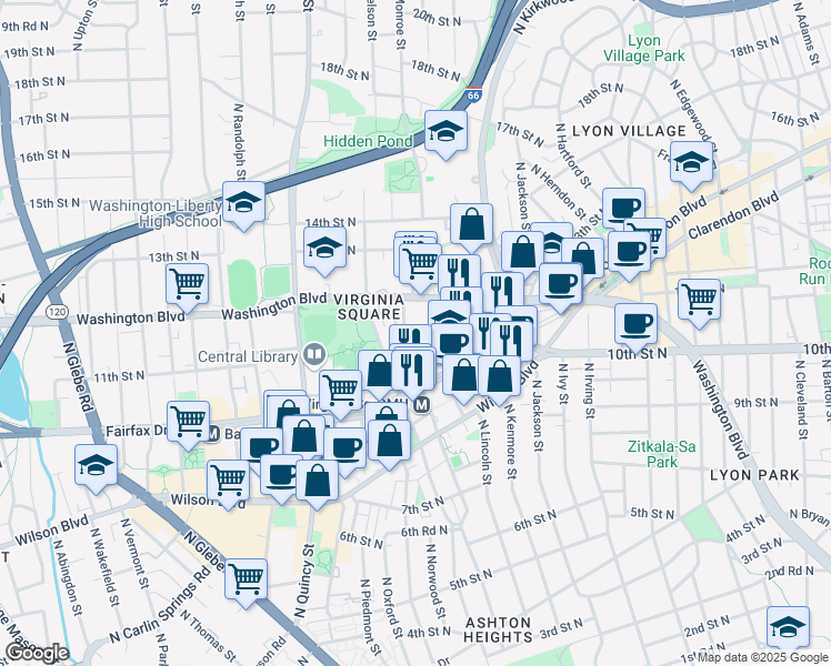 map of restaurants, bars, coffee shops, grocery stores, and more near 1001 North Monroe Street in Arlington