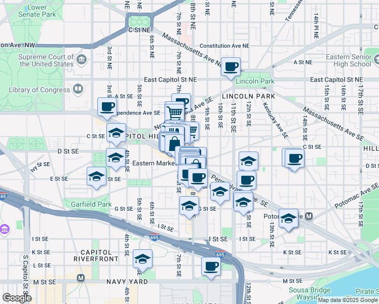 map of restaurants, bars, coffee shops, grocery stores, and more near 335 8th Street Southeast in Washington