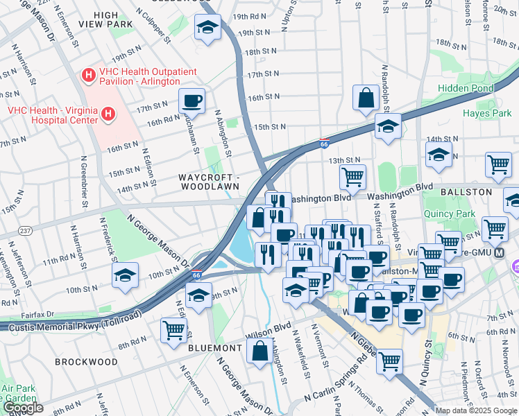 map of restaurants, bars, coffee shops, grocery stores, and more near 4650 North Washington Boulevard in Arlington