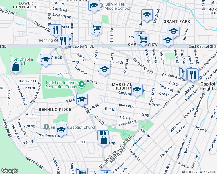 map of restaurants, bars, coffee shops, grocery stores, and more near 300 50th Street Southeast in Washington