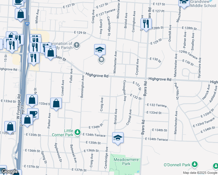 map of restaurants, bars, coffee shops, grocery stores, and more near 13112 Winchester Avenue in Grandview