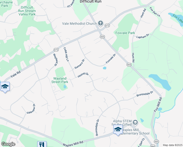 map of restaurants, bars, coffee shops, grocery stores, and more near 3219 History Drive in Oakton