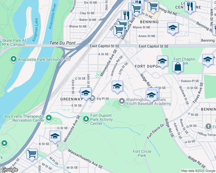 map of restaurants, bars, coffee shops, grocery stores, and more near 324 Anacostia Road Southeast in Washington