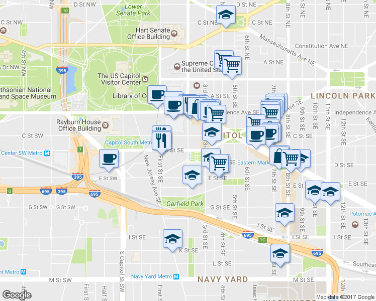 map of restaurants, bars, coffee shops, grocery stores, and more near D Street Southeast & 2nd Street Southeast in Washington