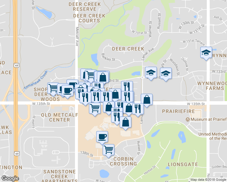 map of restaurants, bars, coffee shops, grocery stores, and more near 13324 Riggs in Overland Park