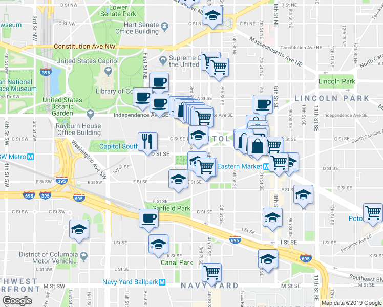 map of restaurants, bars, coffee shops, grocery stores, and more near North Carolina Avenue Southeast & 3rd Street Southeast in Washington