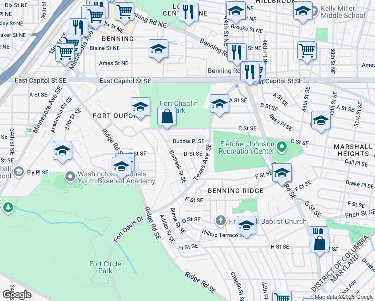 map of restaurants, bars, coffee shops, grocery stores, and more near 4348 D Street Southeast in Washington