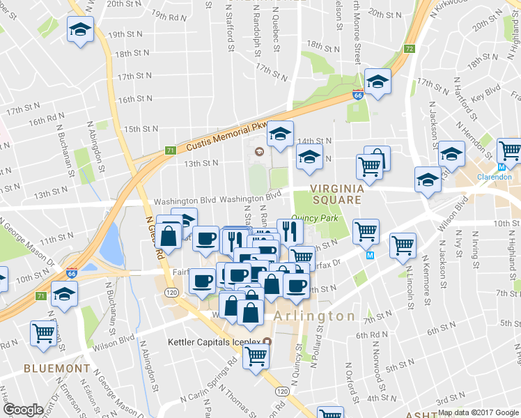 map of restaurants, bars, coffee shops, grocery stores, and more near 1132 North Randolph Street in Arlington