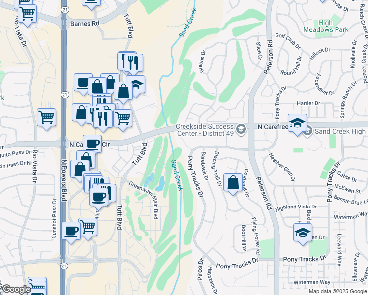 map of restaurants, bars, coffee shops, grocery stores, and more near 3730 Birdie Ct in Colorado Springs