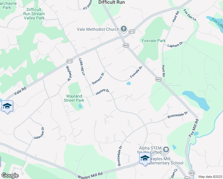 map of restaurants, bars, coffee shops, grocery stores, and more near 3219 History Drive in Oakton