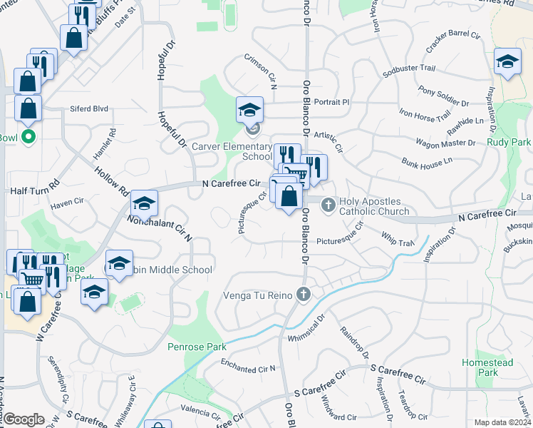 map of restaurants, bars, coffee shops, grocery stores, and more near 3630 Jubilant Place in Colorado Springs