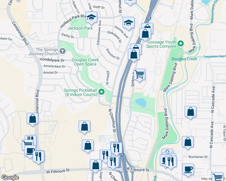 map of restaurants, bars, coffee shops, grocery stores, and more near 3701 North Chestnut Street in Colorado Springs