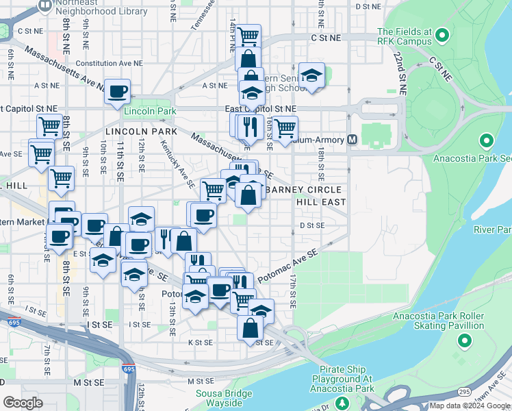 map of restaurants, bars, coffee shops, grocery stores, and more near 330 15th Street Southeast in Washington
