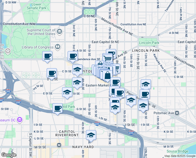 map of restaurants, bars, coffee shops, grocery stores, and more near 101 Independence Avenue Southeast in Washington