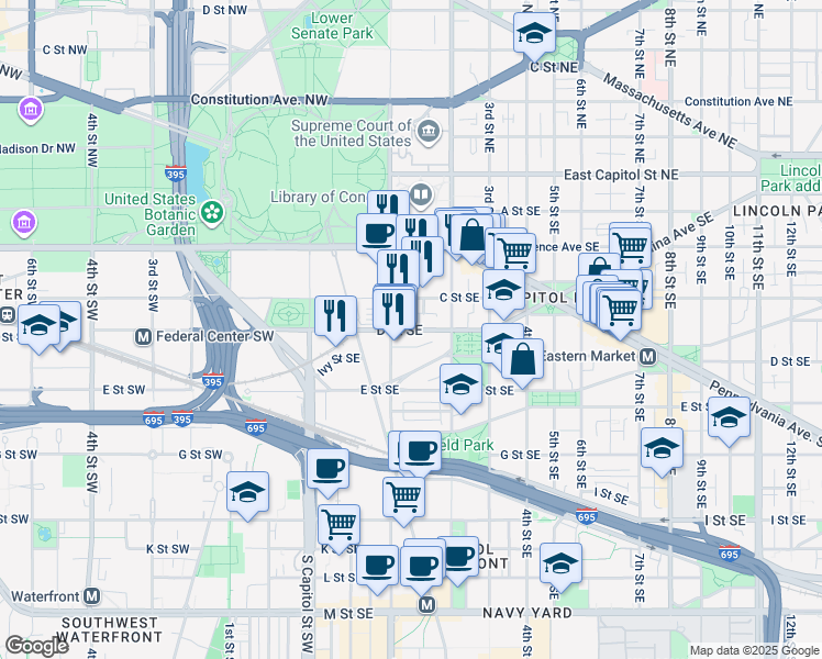 map of restaurants, bars, coffee shops, grocery stores, and more near 101 Independence Avenue Southeast in Washington