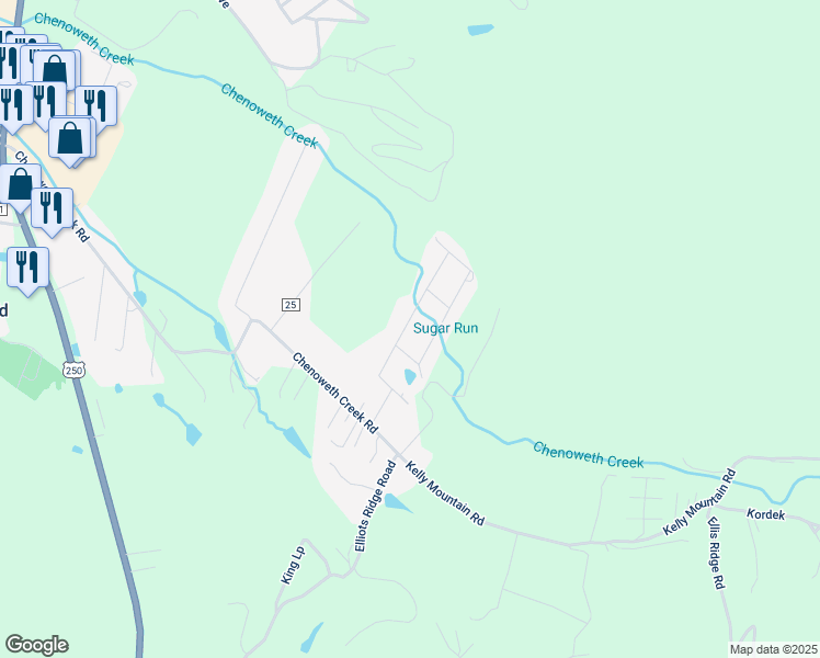 map of restaurants, bars, coffee shops, grocery stores, and more near Hillcrest Drive in Elkins