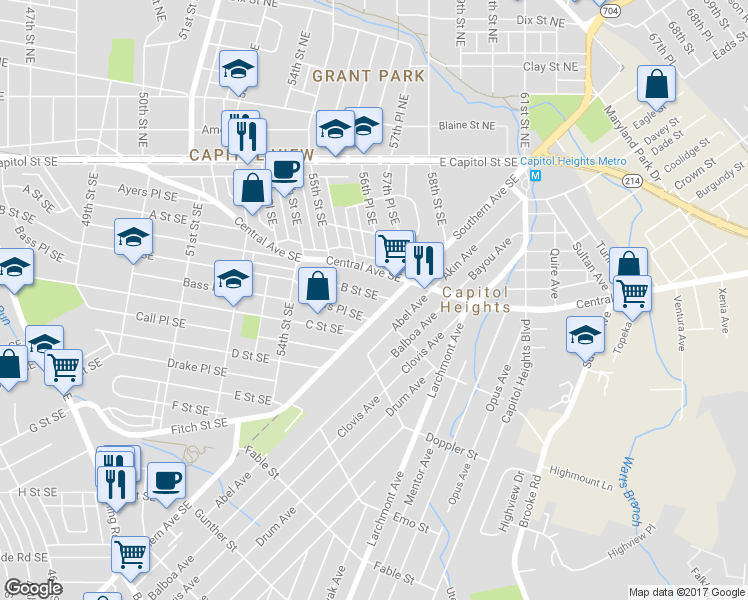 map of restaurants, bars, coffee shops, grocery stores, and more near 5615 B Street Southeast in Washington