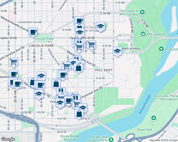 map of restaurants, bars, coffee shops, grocery stores, and more near 101 Independence Avenue Southeast in Washington