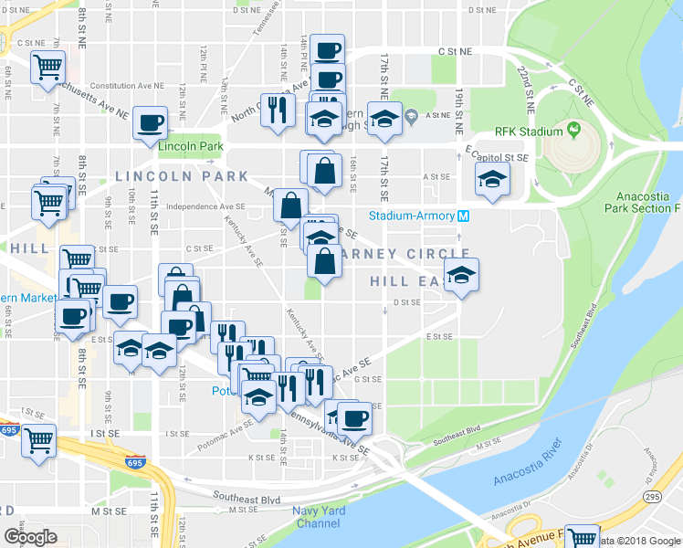 map of restaurants, bars, coffee shops, grocery stores, and more near 1525 C Street Southeast in Washington